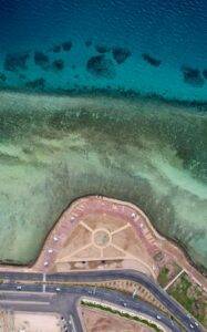 Saudi Arabia beaches aerial view of Red Sea coast.