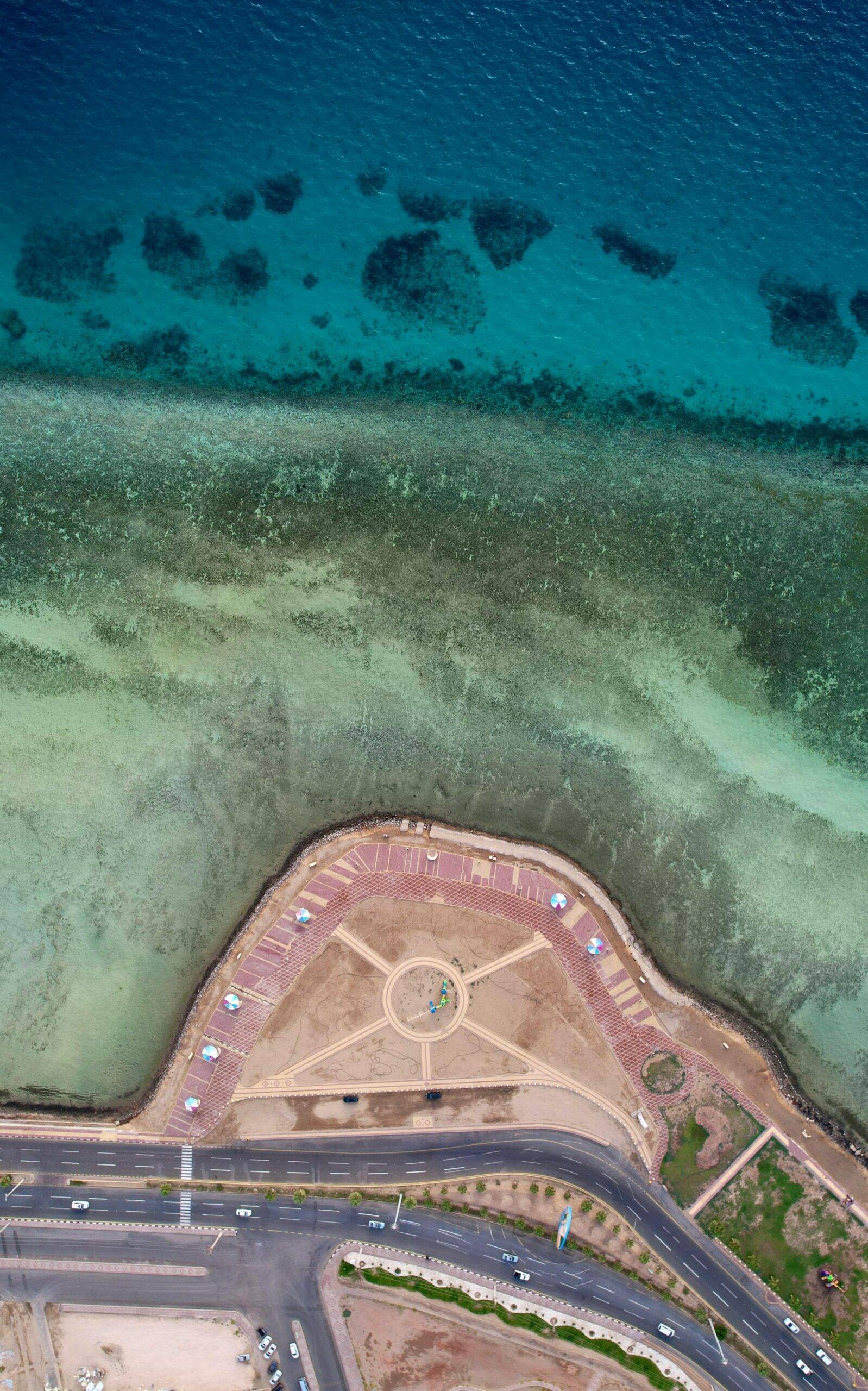 Saudi Arabia beaches aerial view of Red Sea coast.