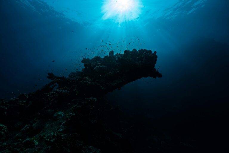 Stunning underwater view of a coral reef with sunlight filtering through in Yanbu, Saudi Arabia.