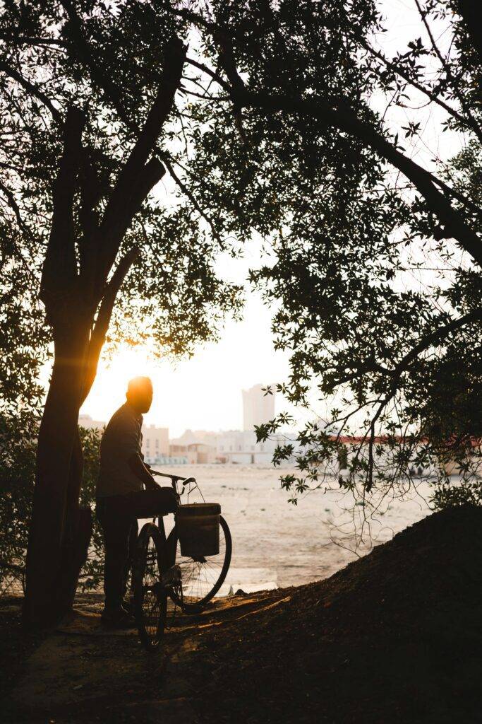 Silhouette of a cyclist with a bicycle by a riverbank in Dammam at sunset.